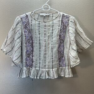 Just Bellina Top Womens White Metallic Boho Floral Embroidered Ruffle SZ XS Crop